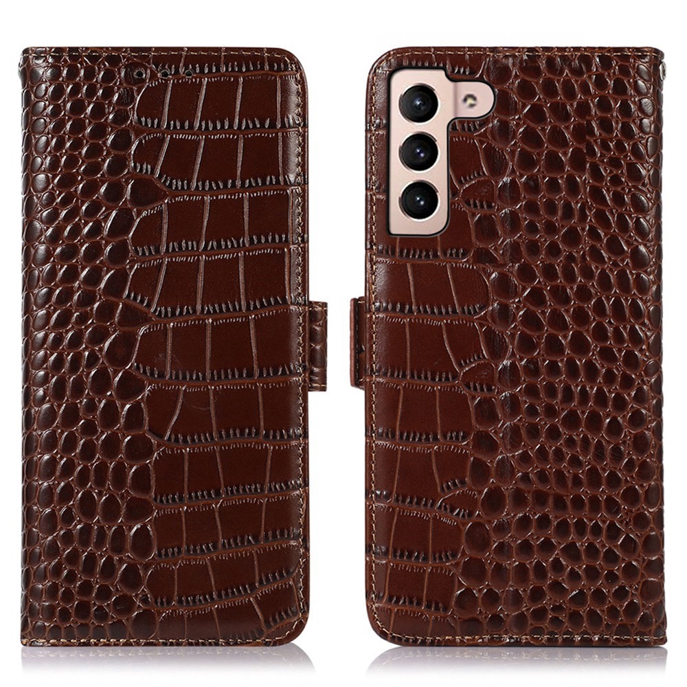  Galaxy S23 Plus Fodral Äkta Läder Krokodil Textur Brun