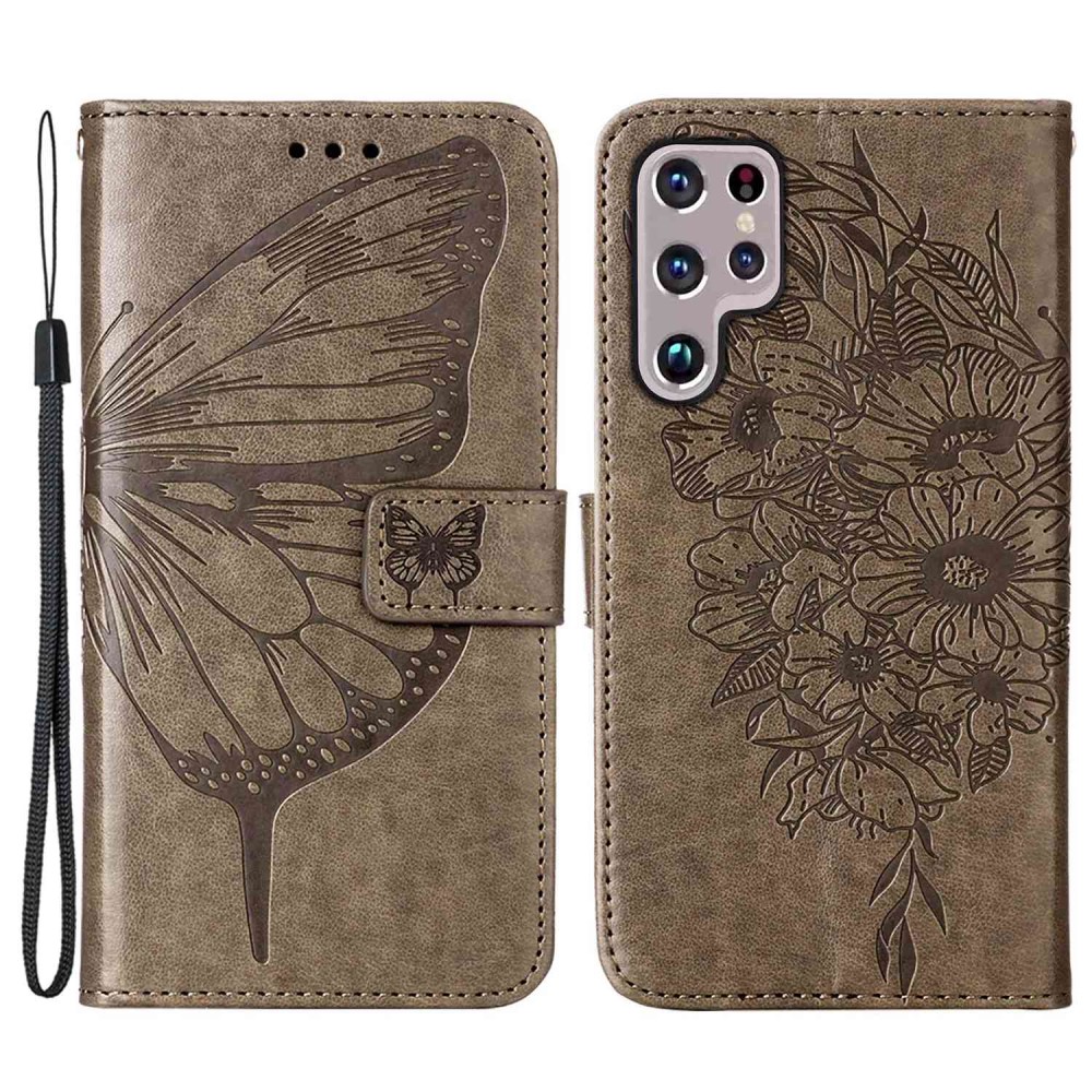  Samsung Galaxy S23 Ultra Fodral Fjäril Tryck Grå