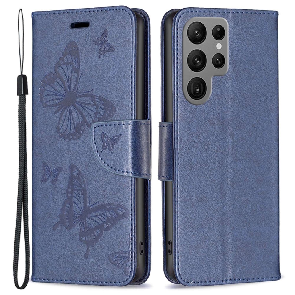  Samsung Galaxy S23 Ultra Fodral Tryckta Fjärilar Blå