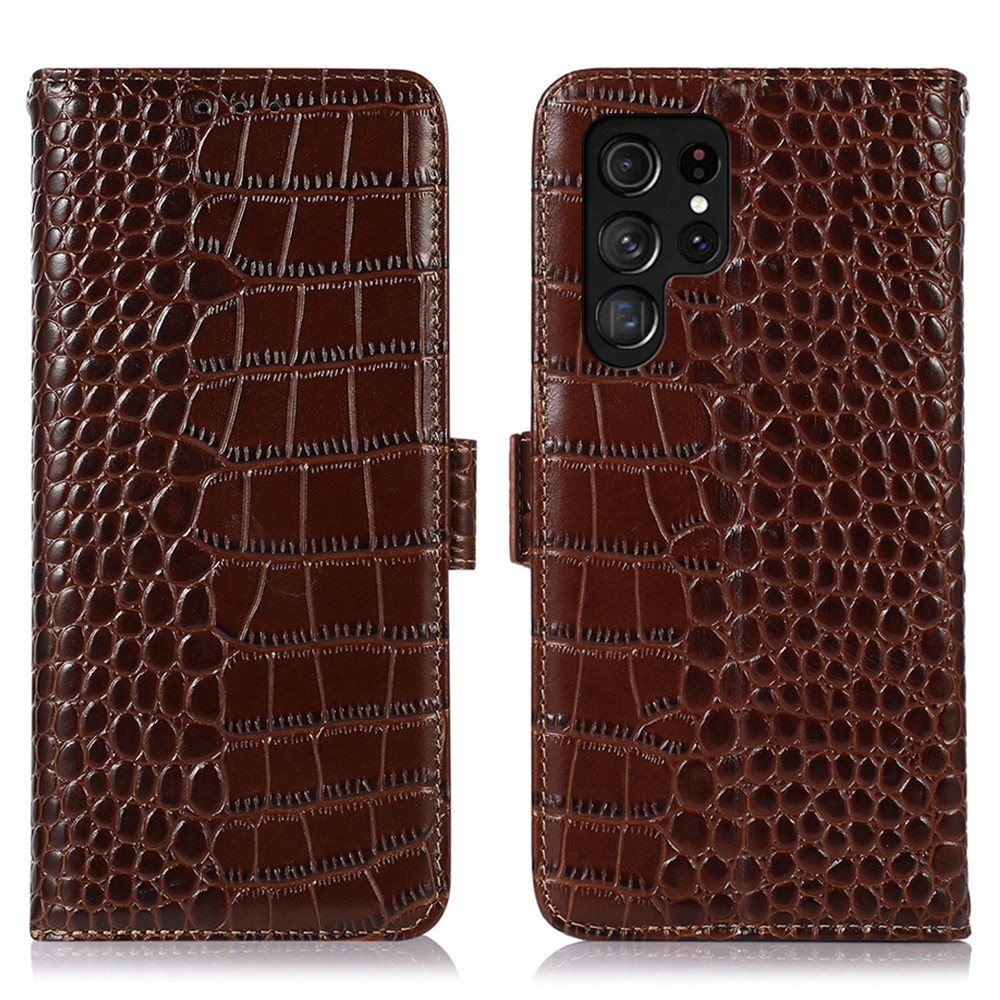 Galaxy S23 Ultra Fodral RFID Äkta Läder Krokodil Textur Brun