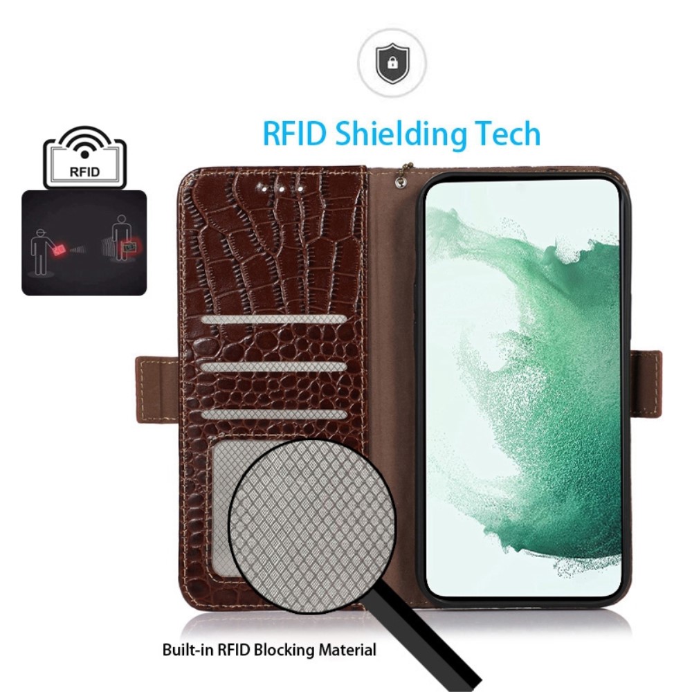  Galaxy S23 Ultra Fodral RFID Äkta Läder Krokodil Textur Brun
