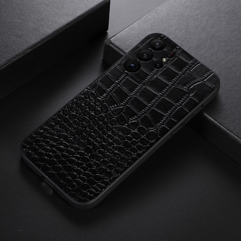  Samsung Galaxy S23 Ultra Skal Äkta Läder Krokodil Textur Svart