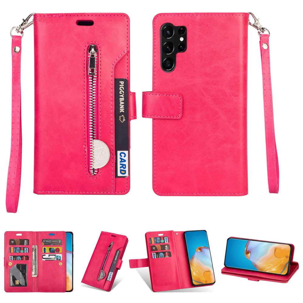  Galaxy S23 Ultra Fodral Multifunktionell Med Frontficka Rosa