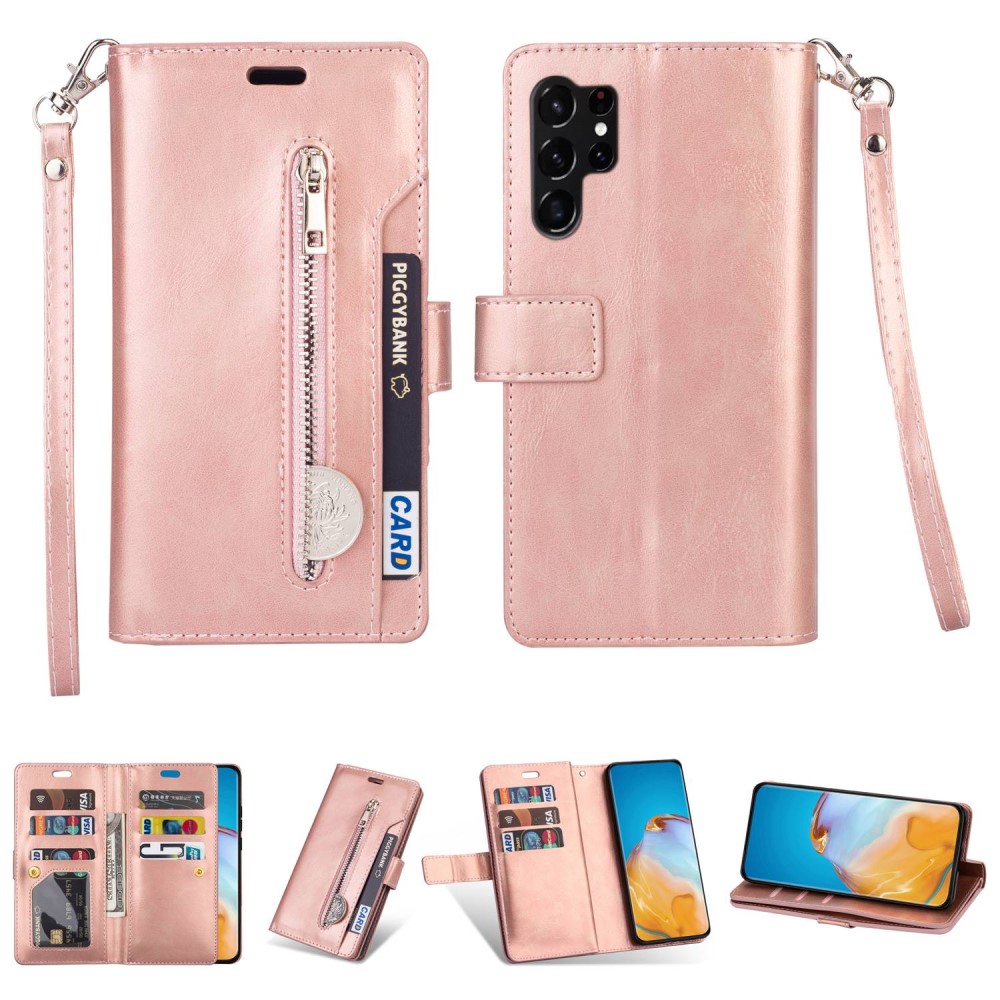  Galaxy S23 Ultra Fodral Multifunktionell Med Frontficka Roséguld