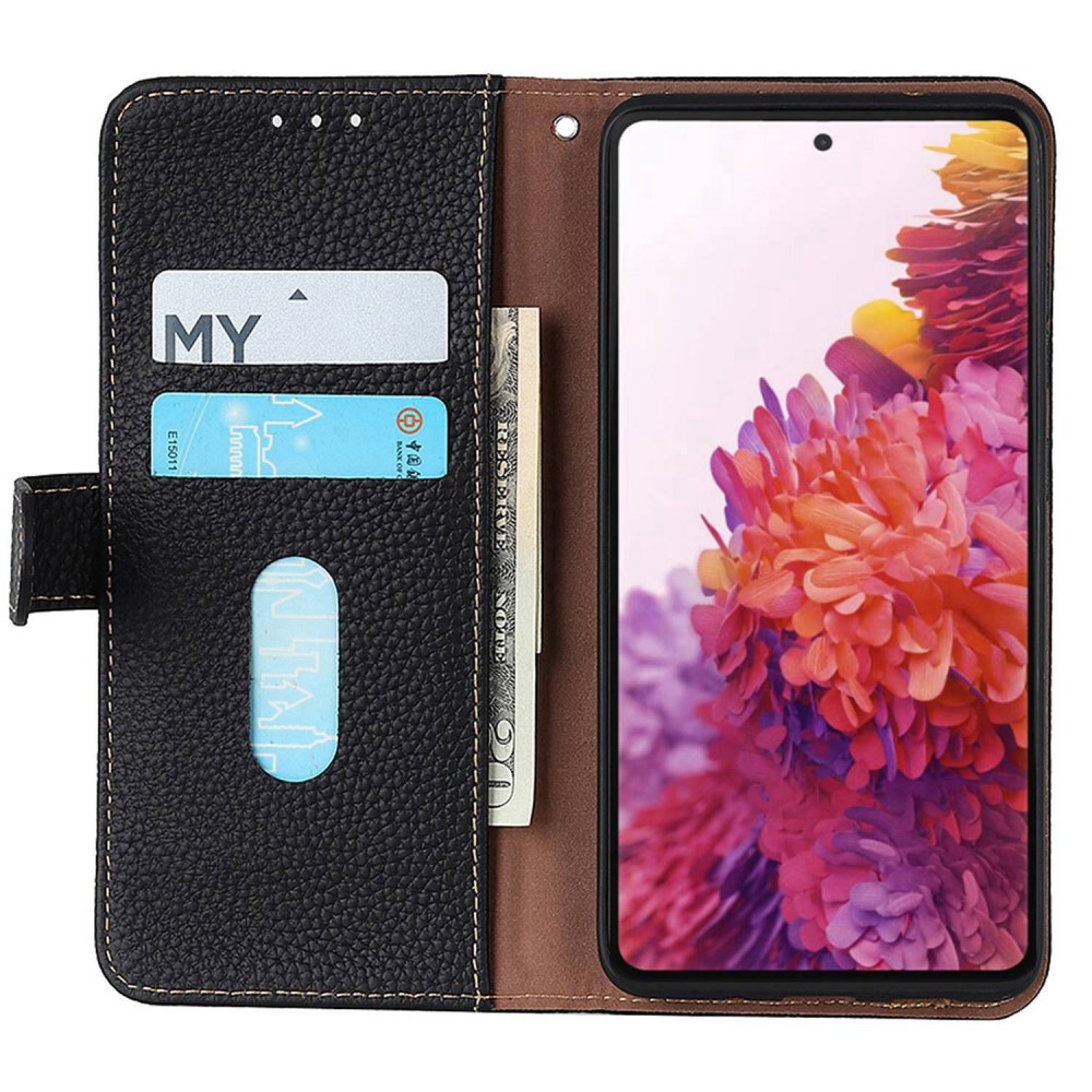 KHAZNEH KHAZNEH Galaxy A14 4G/5G Fodral Litchi Äkta Läder Svart