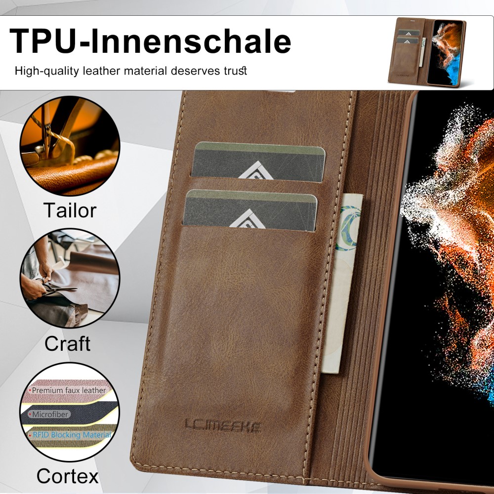 LC.IMEEKE LC.IMEEKE Galaxy S23 Fodral Flip Läder Brun