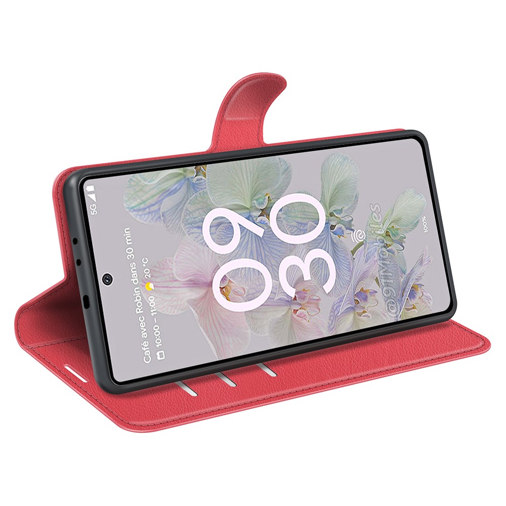  Google Pixel 6A Fodral Litchi Läder Röd