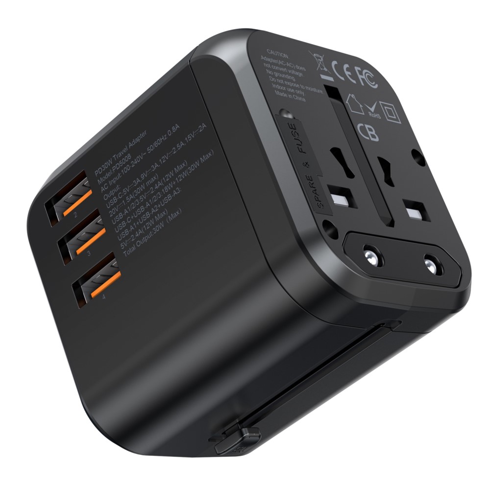 Choetech Choetech 35W PD Reseadapter 3x USB-A 1x USB-C Svart