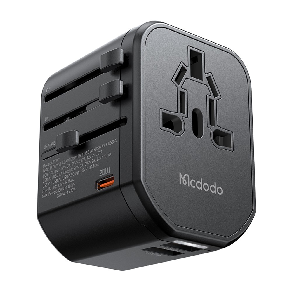 MCDODO Mcdodo 20W PD Reseadapter 2x USB-A 1x USB-C Svart