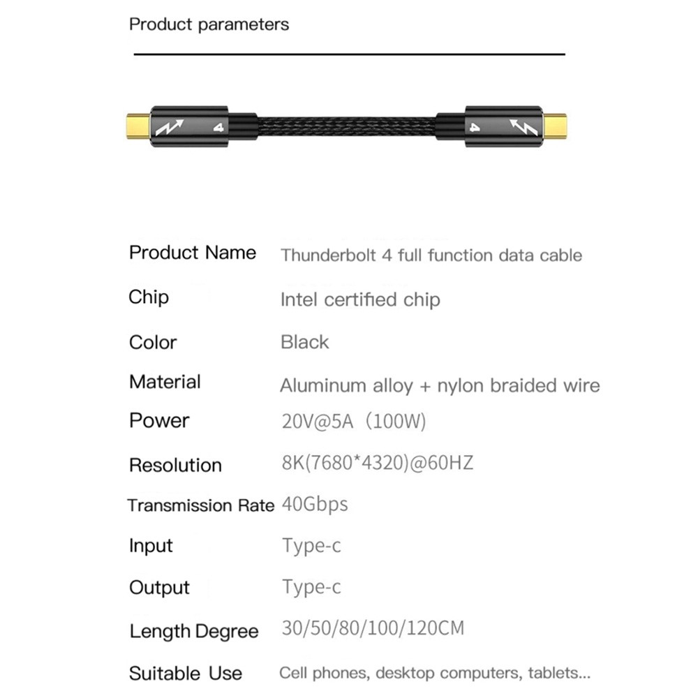  Thunderbolt 4 Kabel 30cm USB-C 100W 8K 60Hz PD Svart