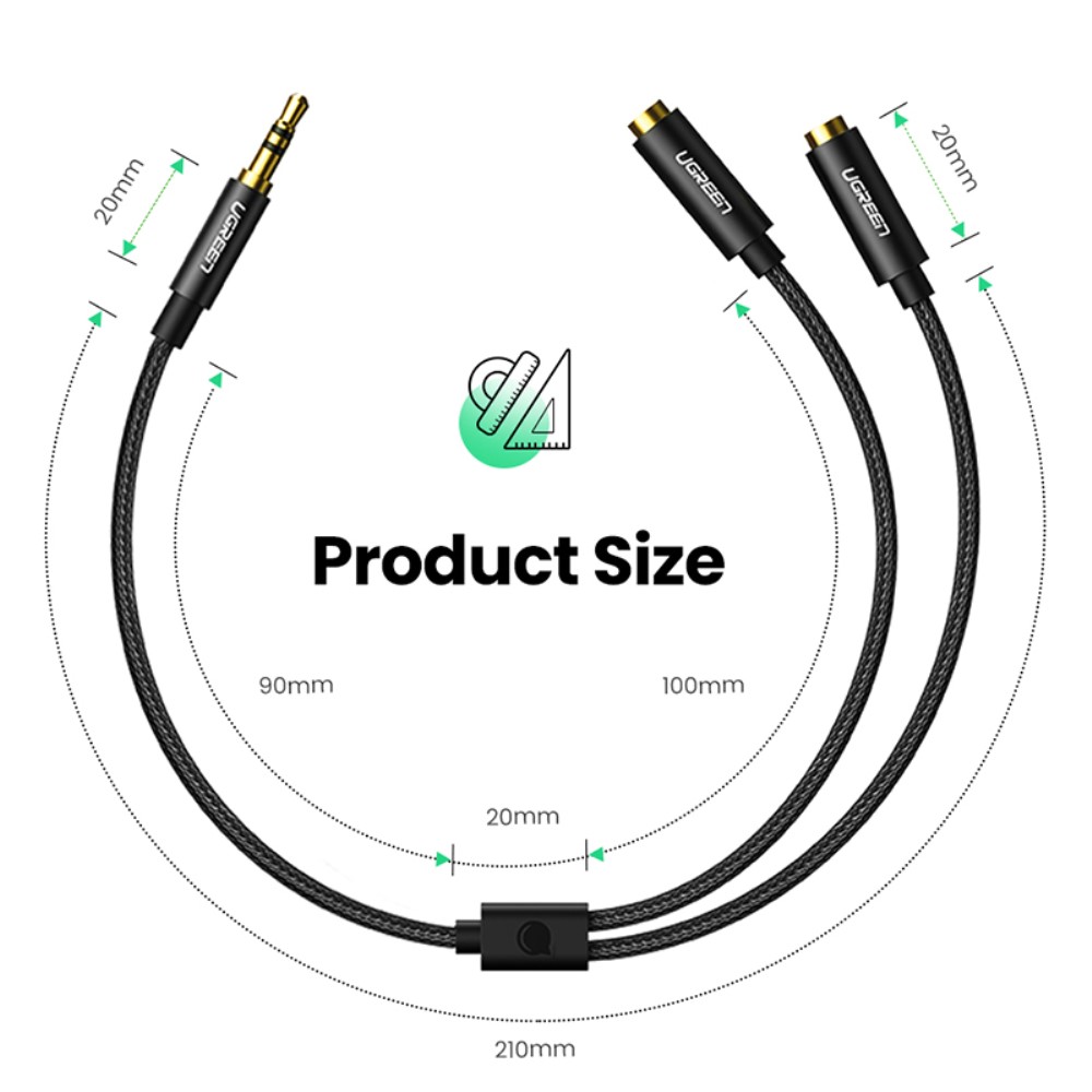 UGREEN UGREEN 25cm 3.5mm AUX Y-Splitter 1 Hane - 2 Hona Svart