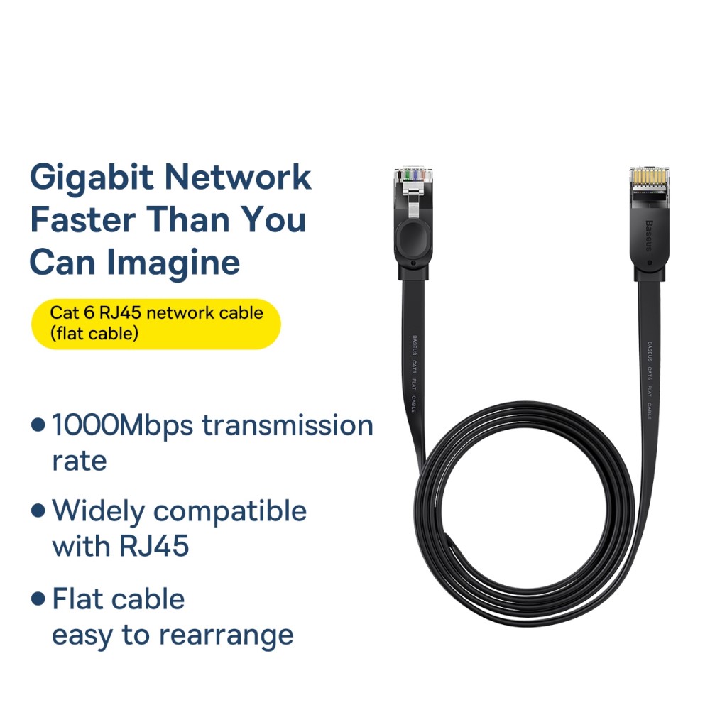 BASEUS Baseus 2m Cat6 Platt RJ45 Nätverkskabel Svart