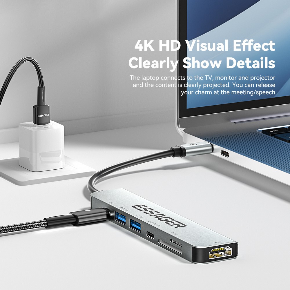 ESSAGER ESSAGER USB-C Hub 60W PD 7-Port Grå