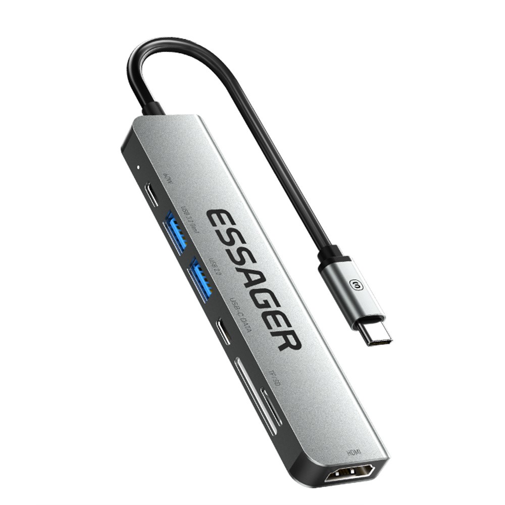 ESSAGER ESSAGER USB-C Hub 60W PD 7-Port Grå