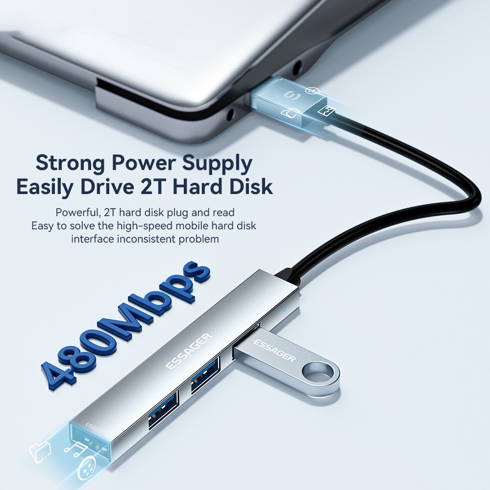 ESSAGER ESSAGER USB-C Hub 4x USB-A 2.0 Portar Aluminium Grå