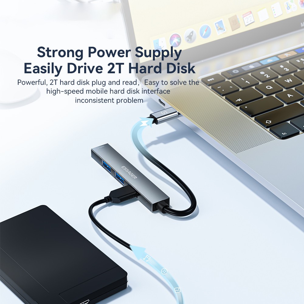 ESSAGER ESSAGER USB-A Hub 4x USB-A 2.0 Portar Aluminium Grå