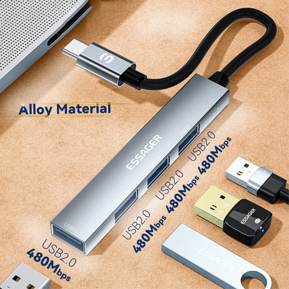 ESSAGER ESSAGER USB-A Hub 4x USB-A 2.0 Portar Aluminium Grå