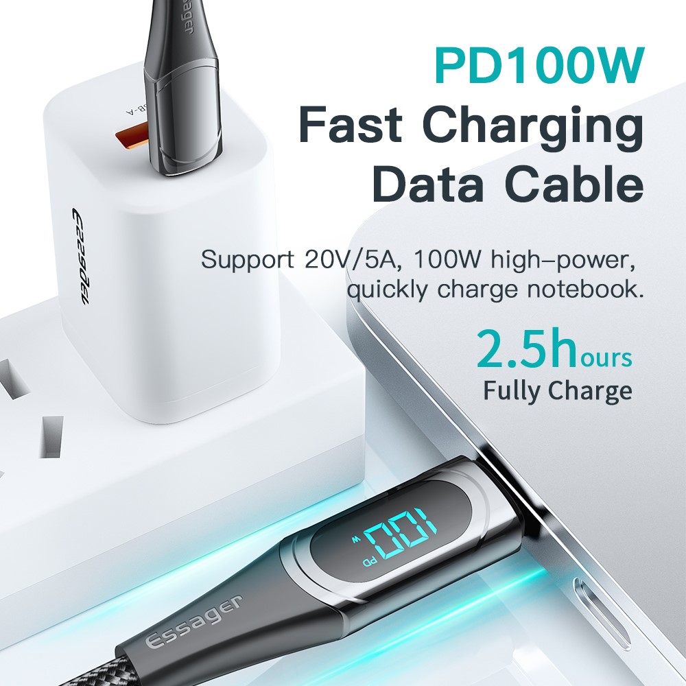 ESSAGER ESSAGER 1m 100W USB-C - USB-C LED Snabbladdning Svart