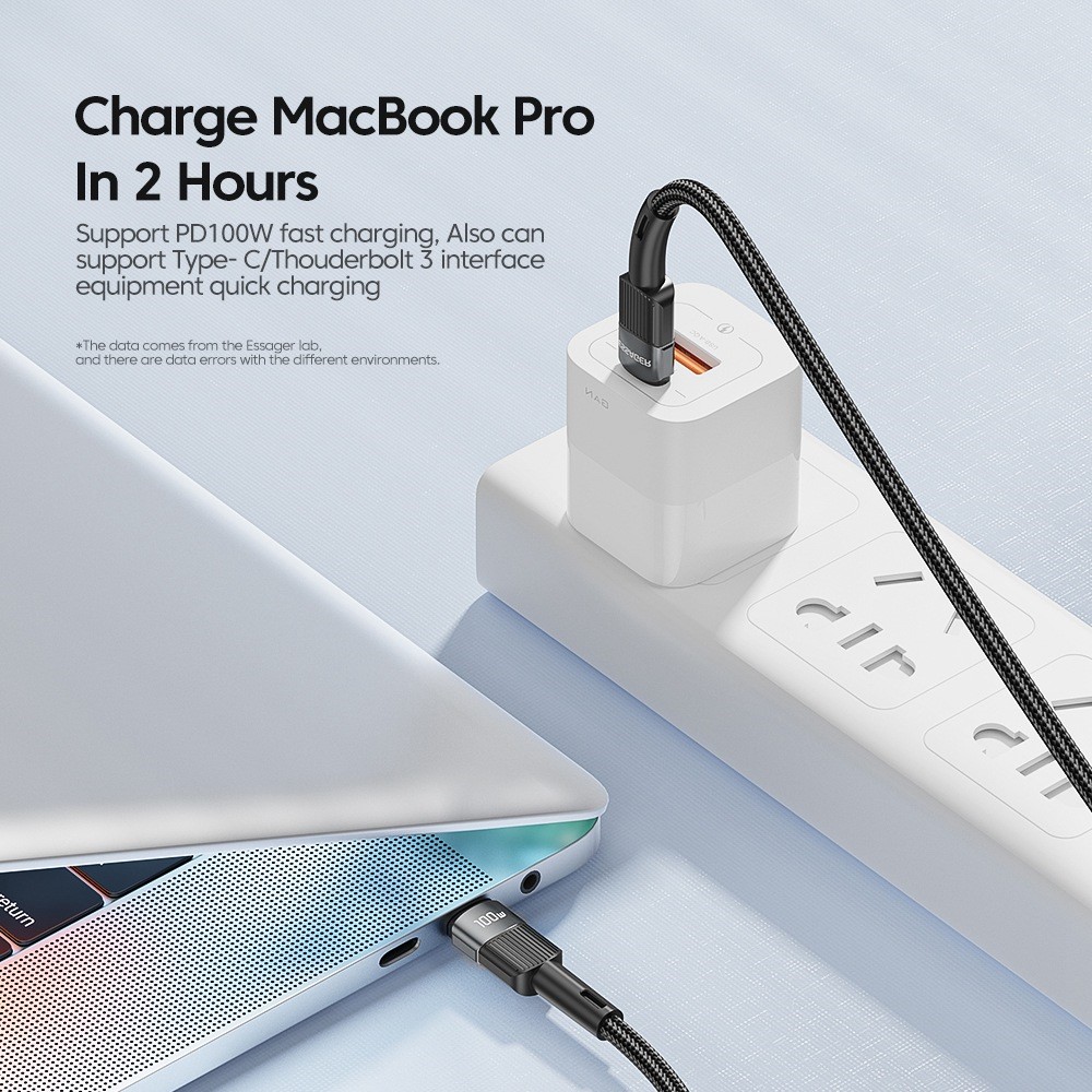 ESSAGER ESSAGER 3m 100W 5A PD USB-C - USB-C Laddningskabel Svart