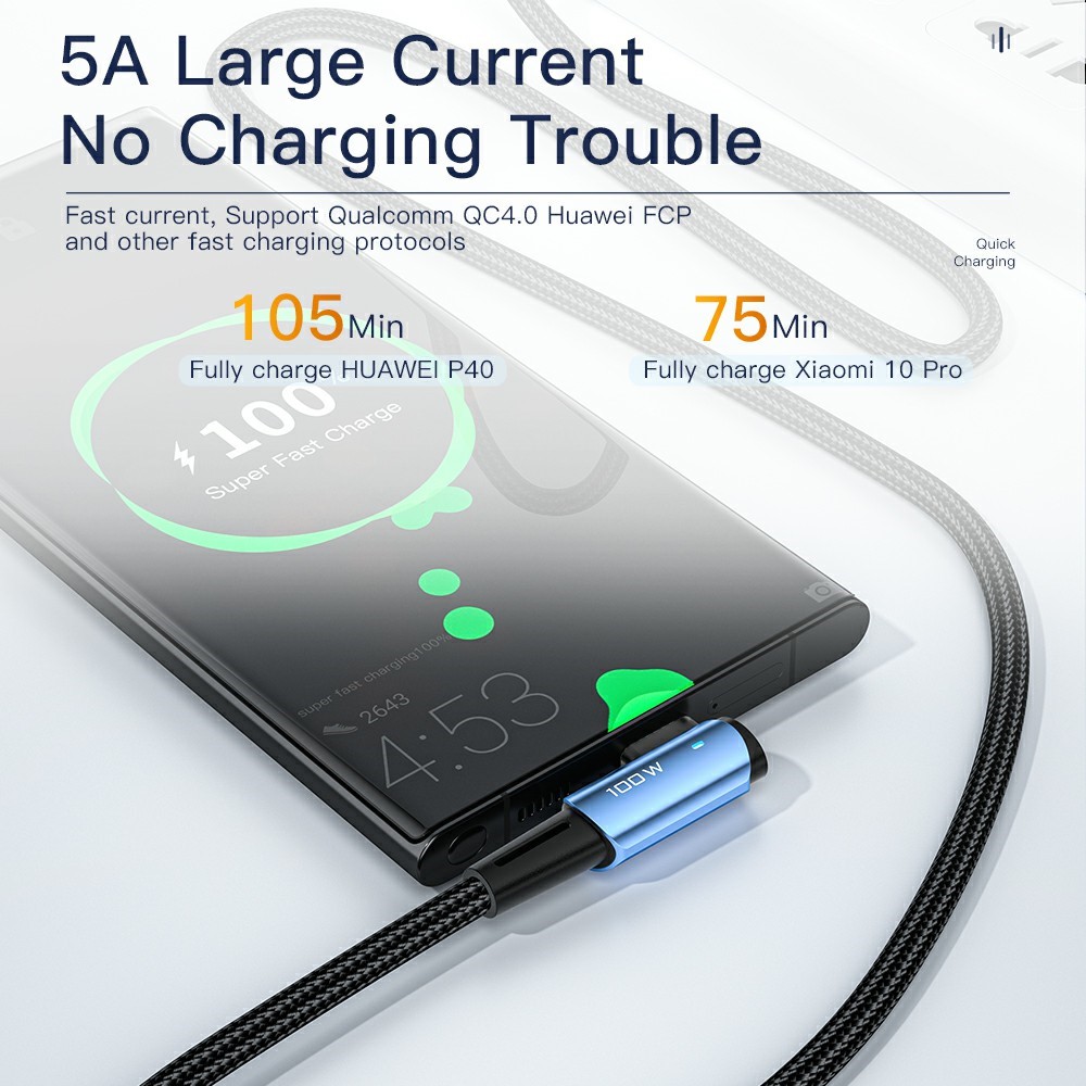 ESSAGER ESSAGER 2m 100W PD USB-C - USB-C Elbow Laddningskabel Svart
