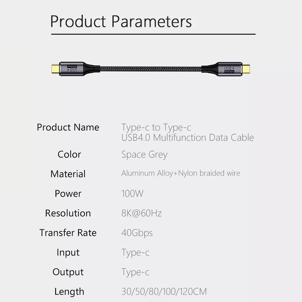  80cm 100W Thunderbolt 3/4 Kabel USB-C - USB-C 8K/60Hz Svart