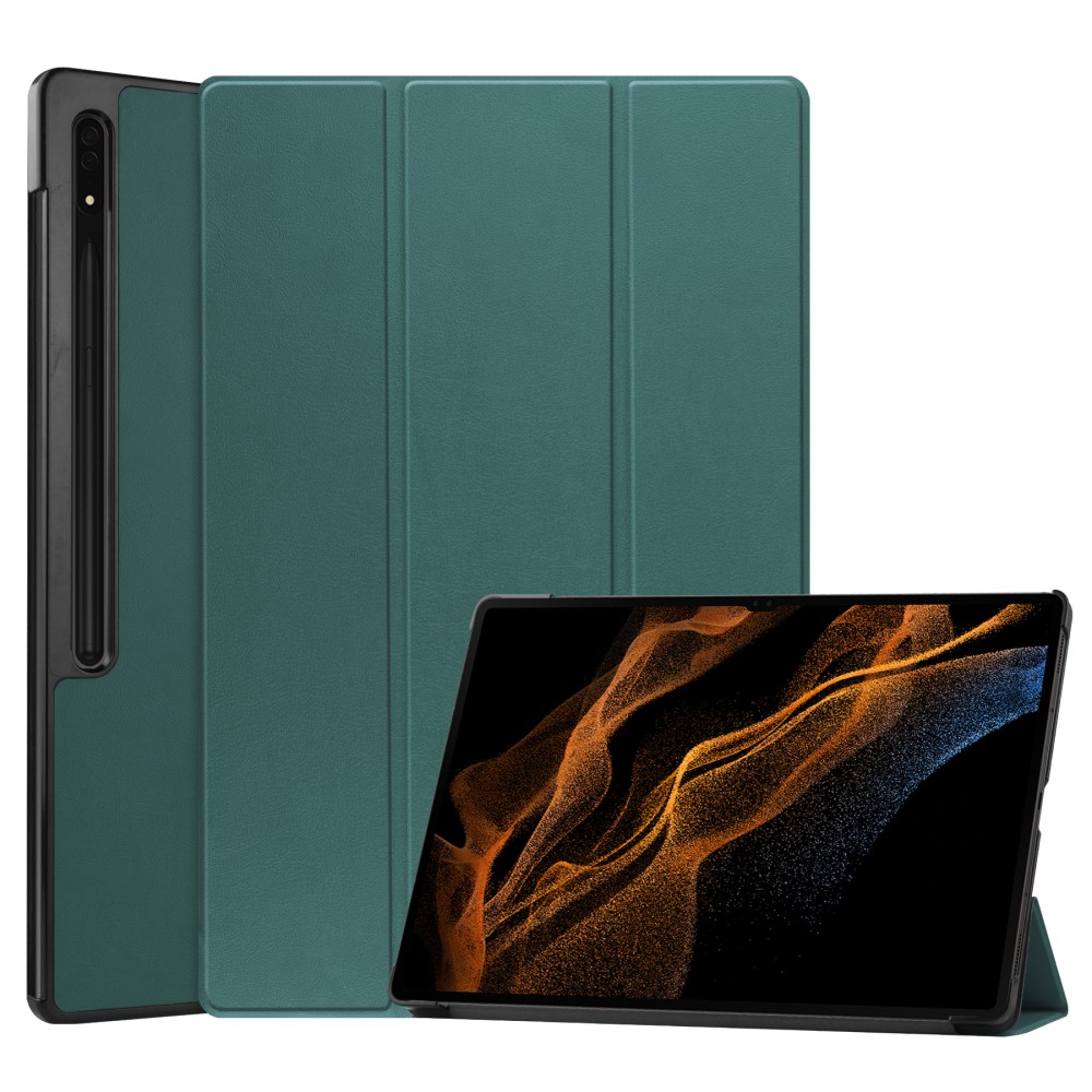  Samsung Galaxy Tab S9 Ultra Fodral Tri-Fold Läder Svartgrön