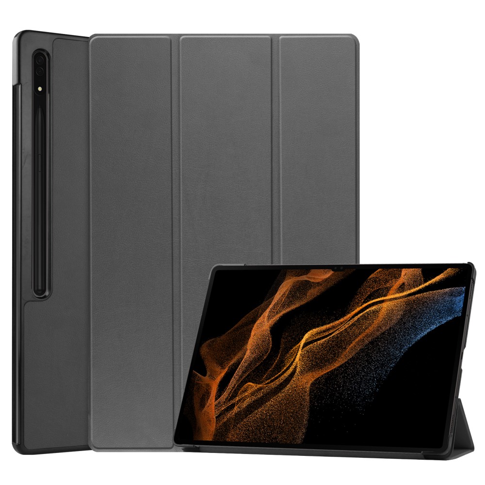  Samsung Galaxy Tab S9 Ultra Fodral Tri-Fold Läder Grå