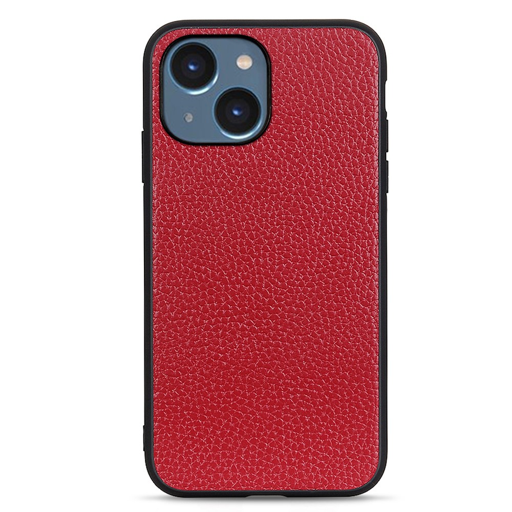  iPhone 15 Skal Äkta Läder Litchi Textur Röd