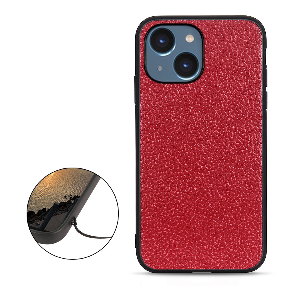  iPhone 15 Skal Äkta Läder Litchi Textur Röd
