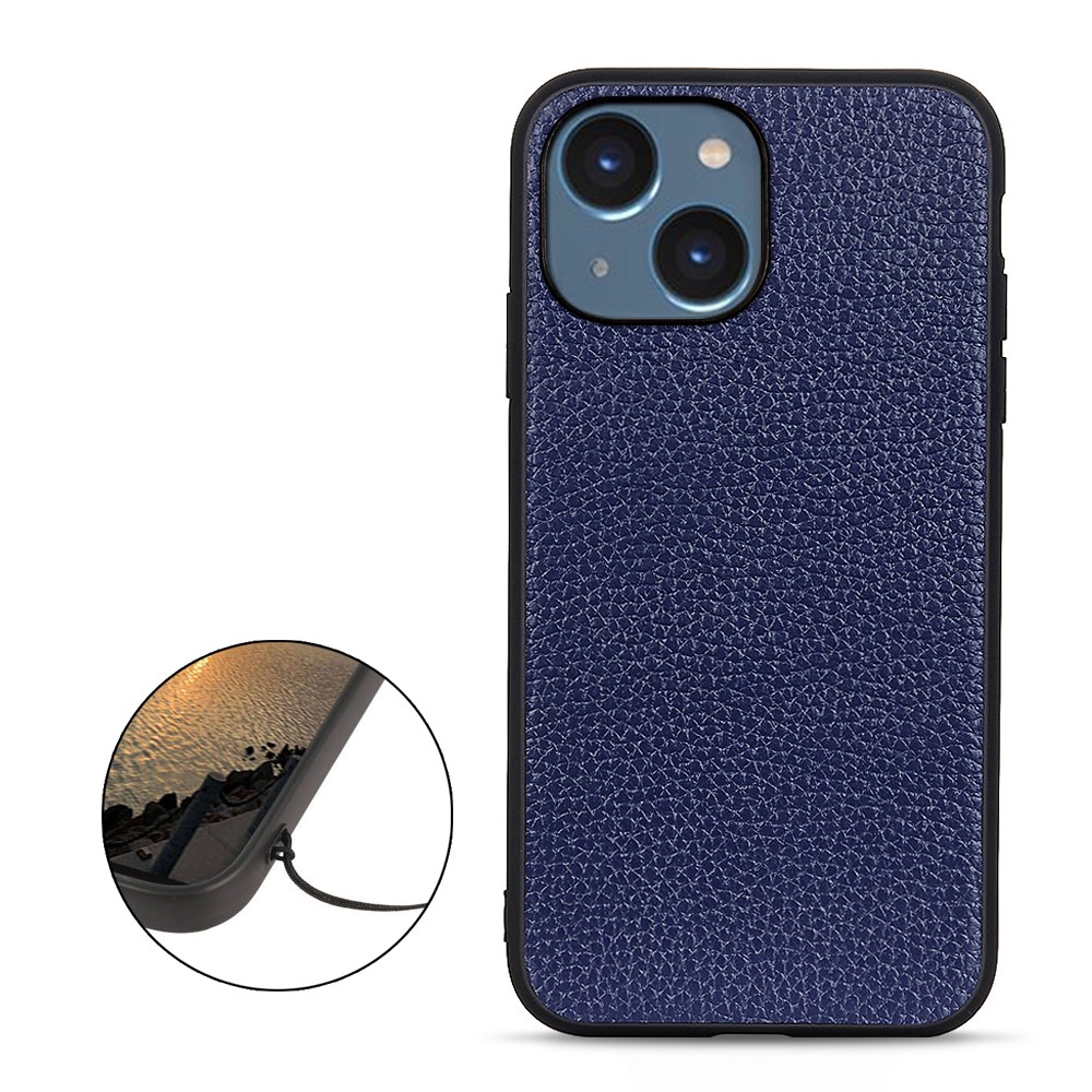  iPhone 15 Skal Äkta Läder Litchi Textur Blå
