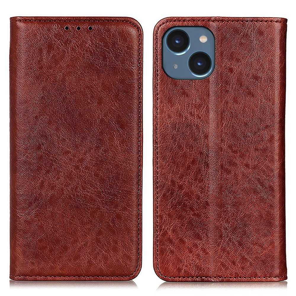 iPhone 15 Fodral Crazy Horse Flip Läder Brun