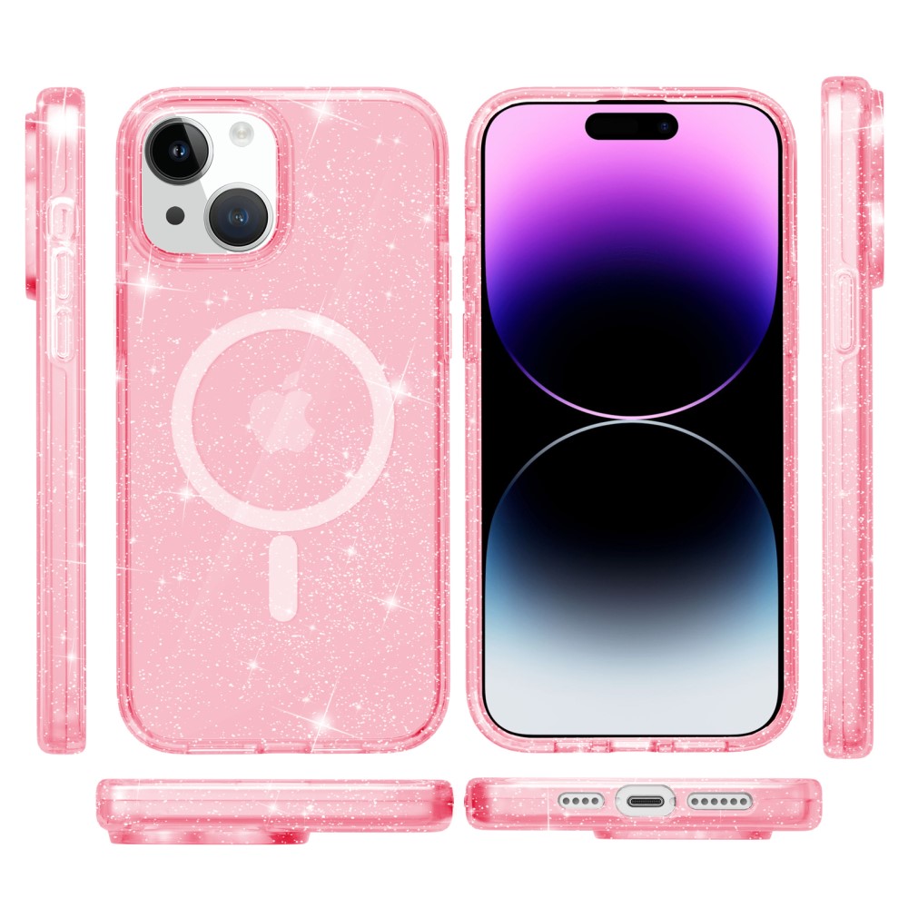  iPhone 15 Skal MagSafe Hybrid Glitter Rosa