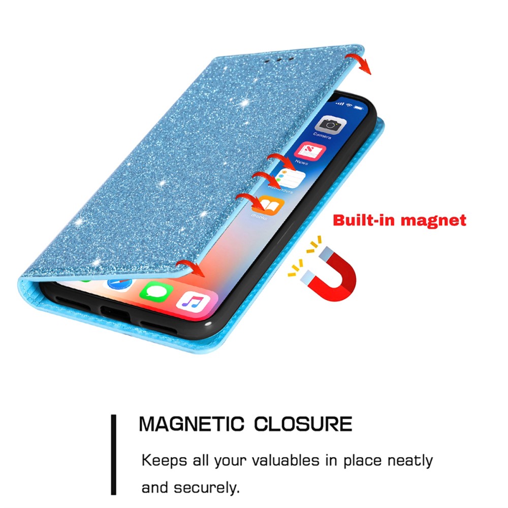  iPhone 15 Fodral Flip Glitter Blå