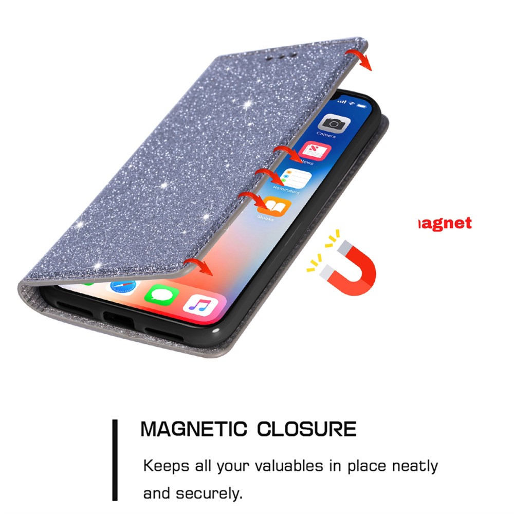  iPhone 15 Fodral Flip Glitter Grå