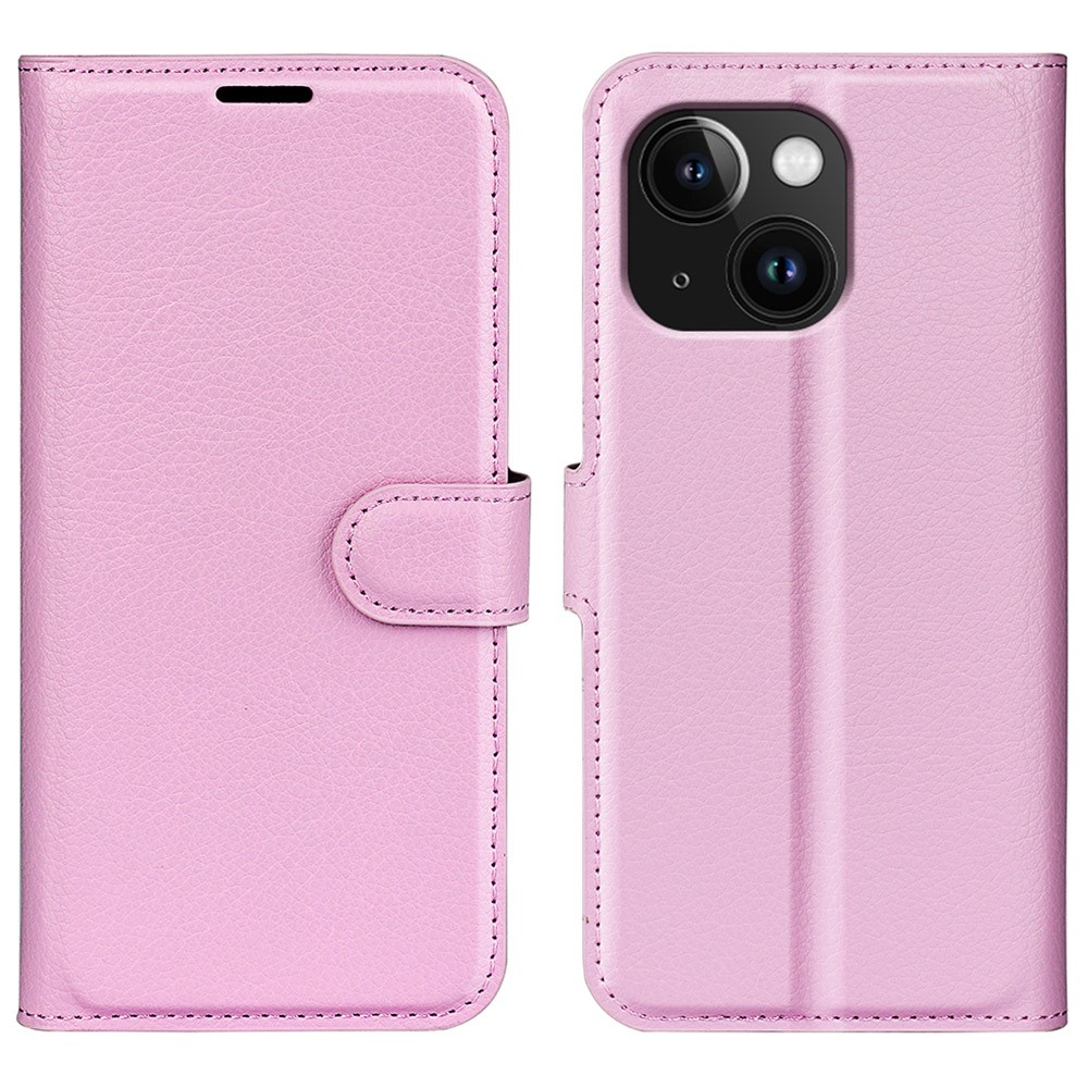  iPhone 15 Plus Fodral Litchi Textur Ljus Rosa