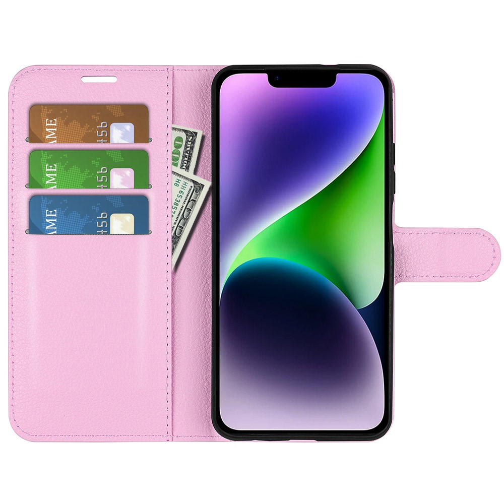  iPhone 15 Plus Fodral Litchi Textur Ljus Rosa