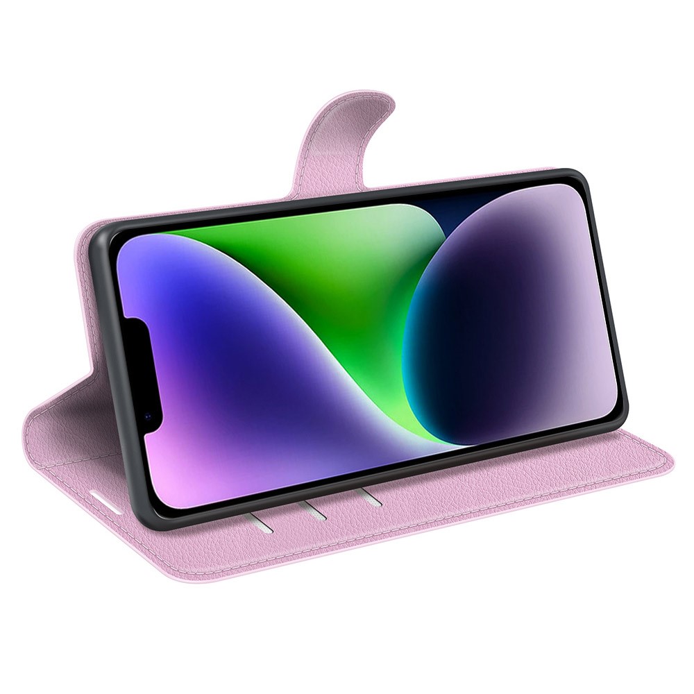  iPhone 15 Plus Fodral Litchi Textur Ljus Rosa