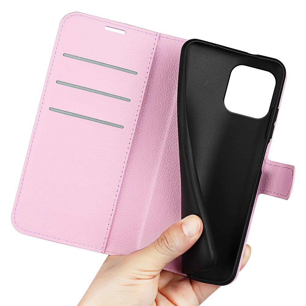  iPhone 15 Plus Fodral Litchi Textur Ljus Rosa