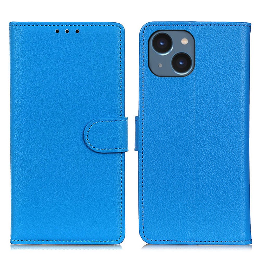  iPhone 15 Plus Fodral Litchi Läder Blå