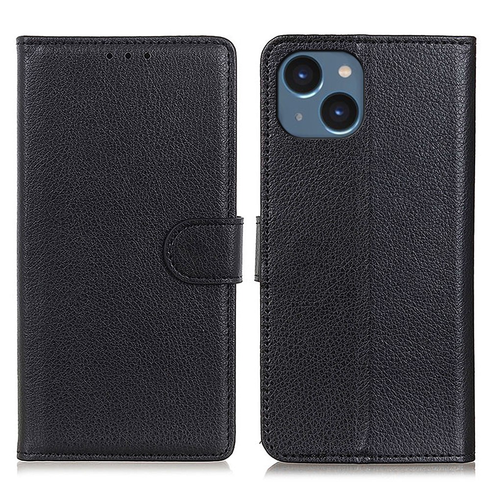  iPhone 15 Plus Fodral Litchi Läder Svart