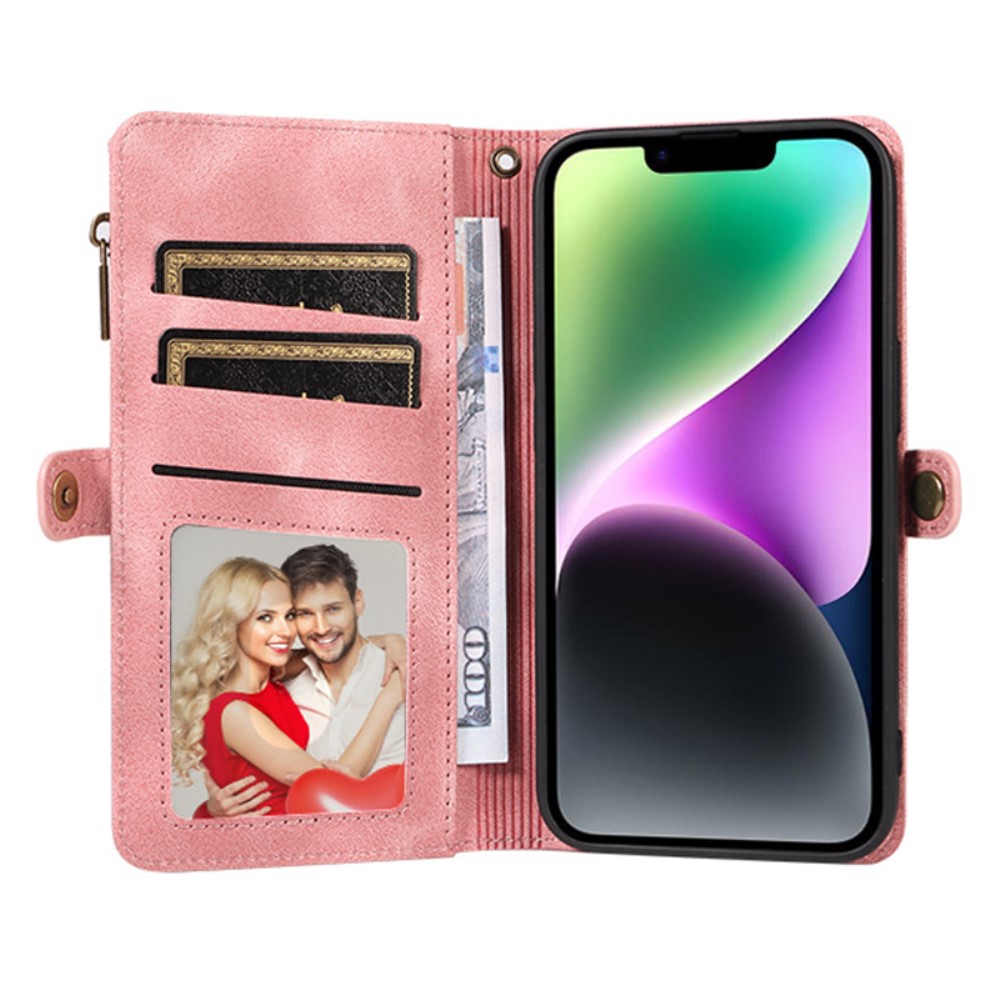  iPhone 15 Plus Fodral RFID Multifunktionell Flerkort Rosa