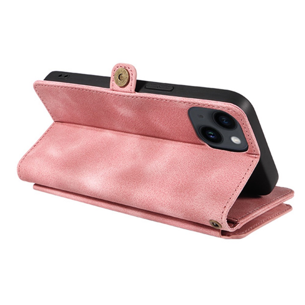  iPhone 15 Plus Fodral RFID Multifunktionell Flerkort Rosa