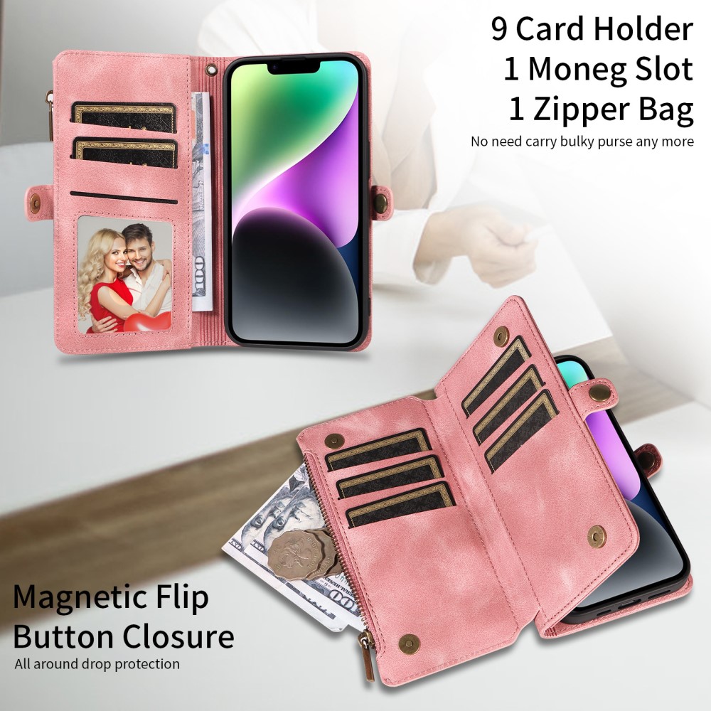  iPhone 15 Plus Fodral RFID Multifunktionell Flerkort Rosa