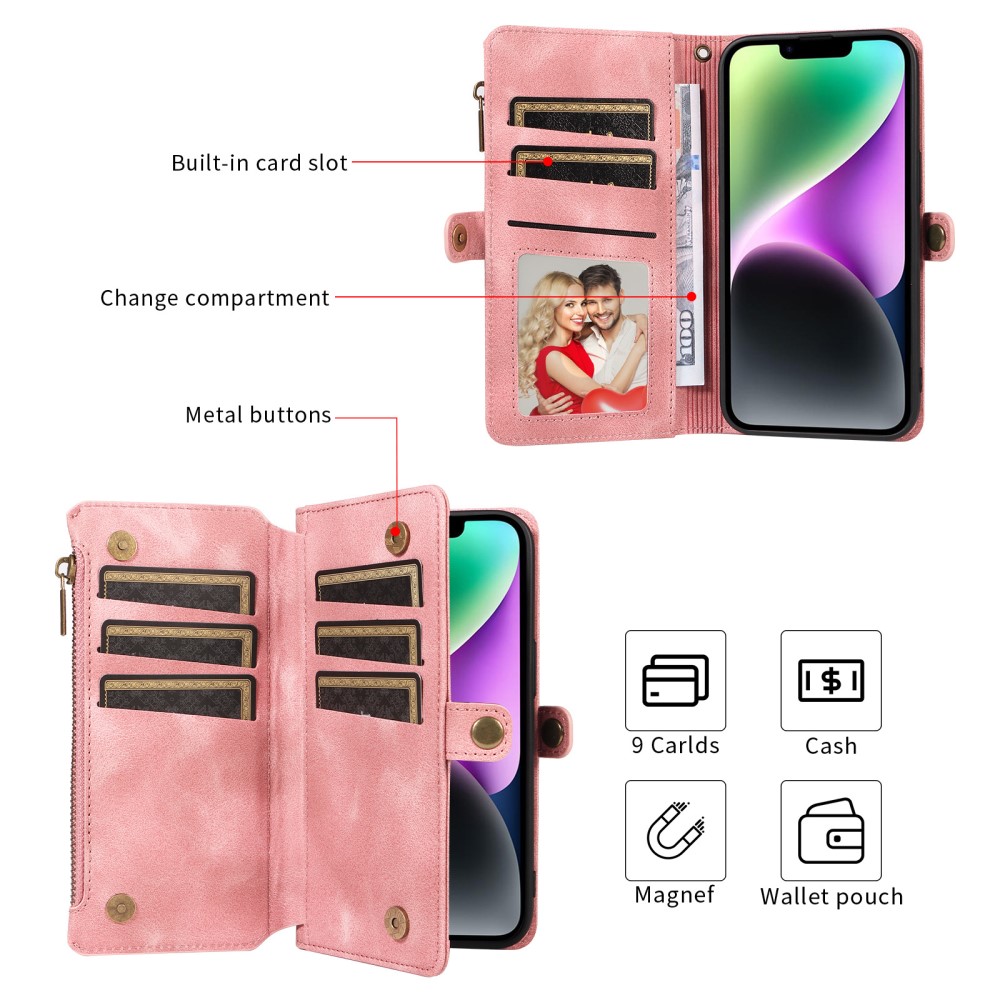  iPhone 15 Plus Fodral RFID Multifunktionell Flerkort Brun