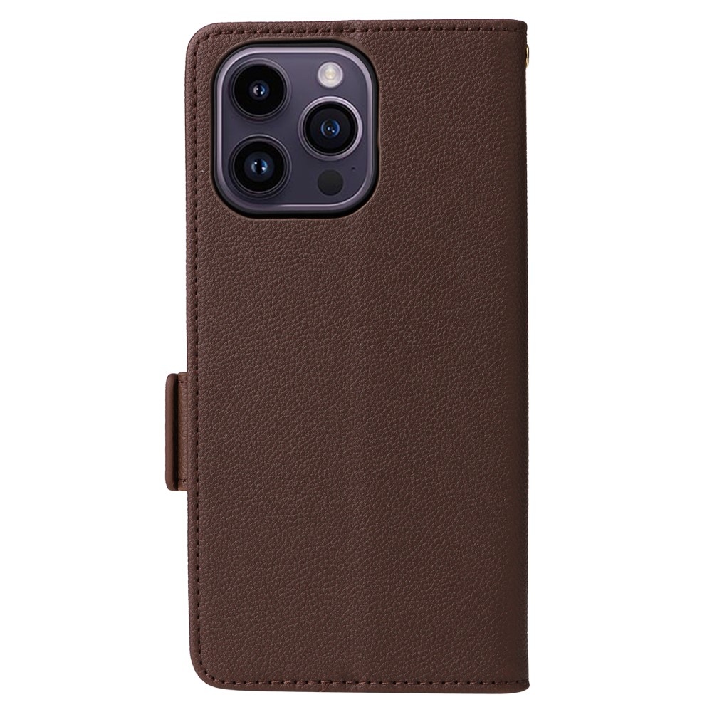  iPhone 15 Plus Fodral Litchi Textur Med Snodd Brun