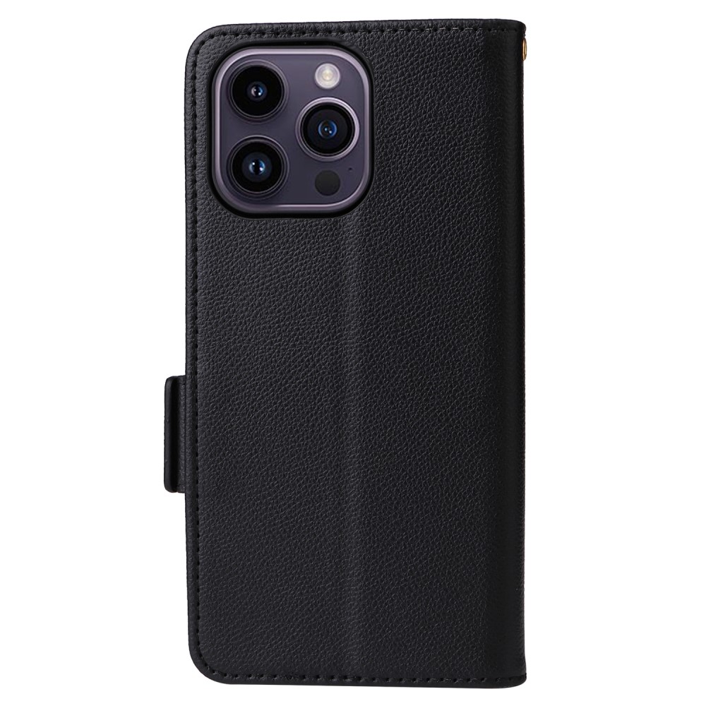  iPhone 15 Plus Fodral Litchi Textur Med Snodd Svart