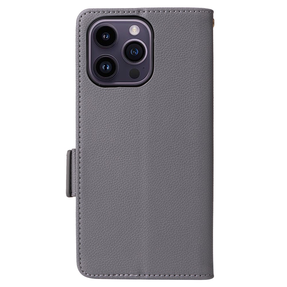  iPhone 15 Plus Fodral Litchi Textur Med Snodd Grå
