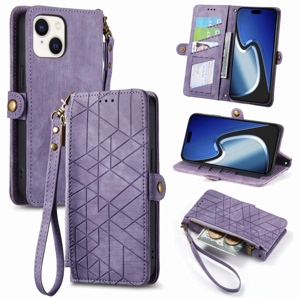  iPhone 15 Plus Fodral Geometri Med Snodd Lila