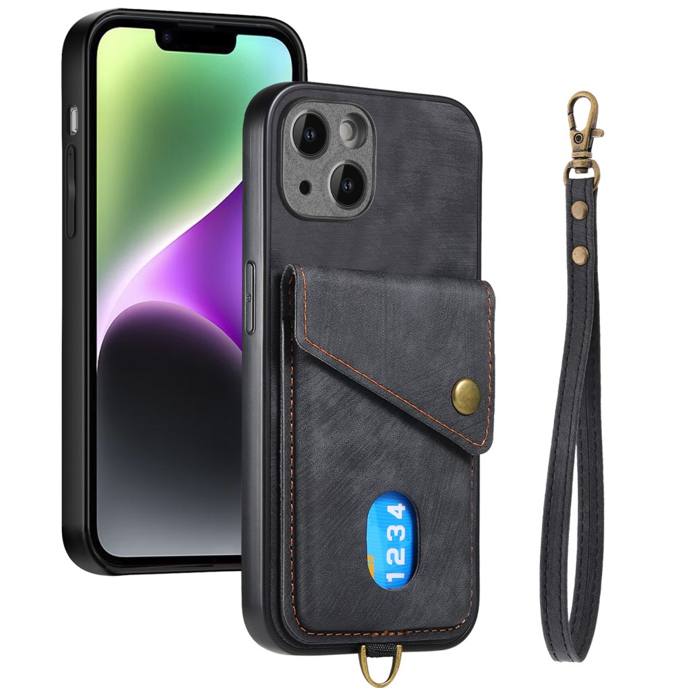  iPhone 15 Plus Skal Retro Läder Med Kortfack Svart
