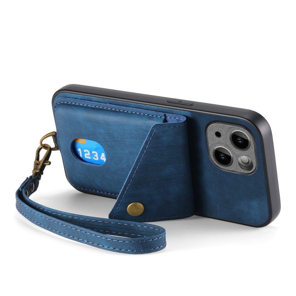  iPhone 15 Plus Skal Retro Läder Med Kortfack Blå